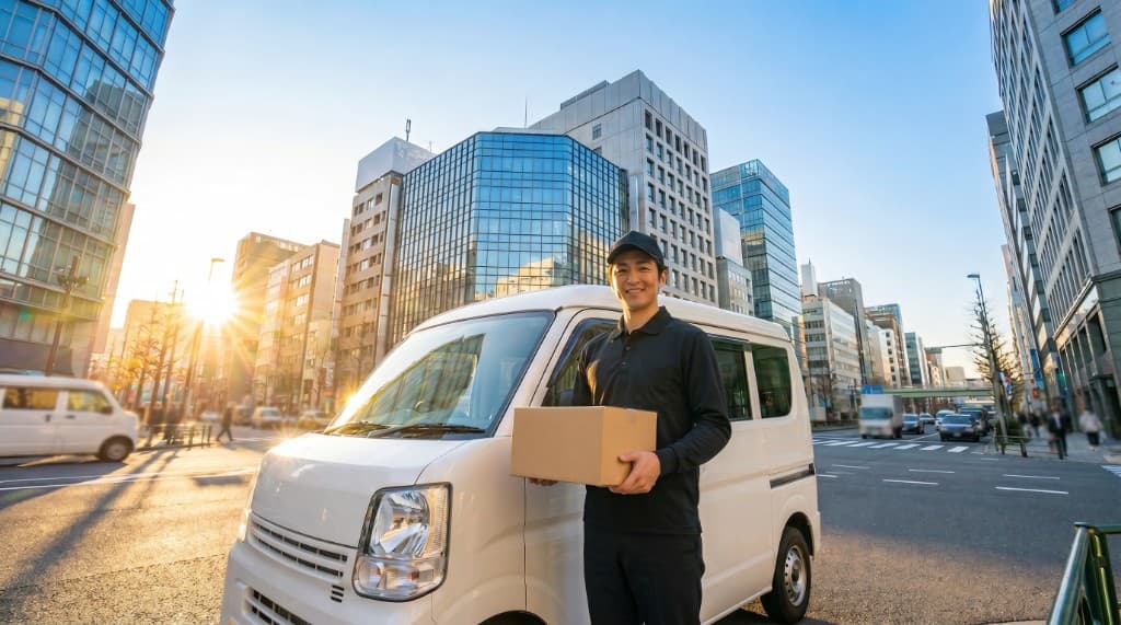 都会の街並みで荷物を持つ黒ユニフォームのドライバー